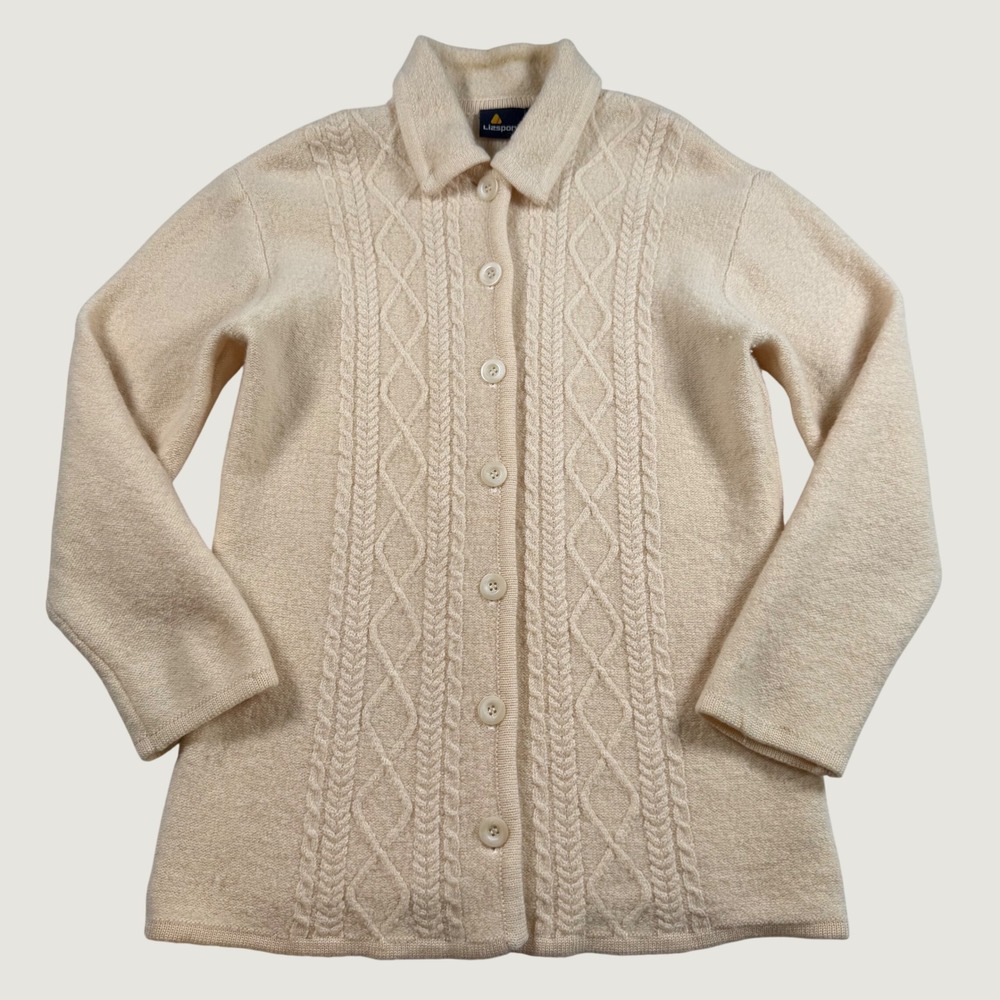 Vintage Lizsport 100% Wool Cable Knit Cardigan Sweater Cream Small Australia
